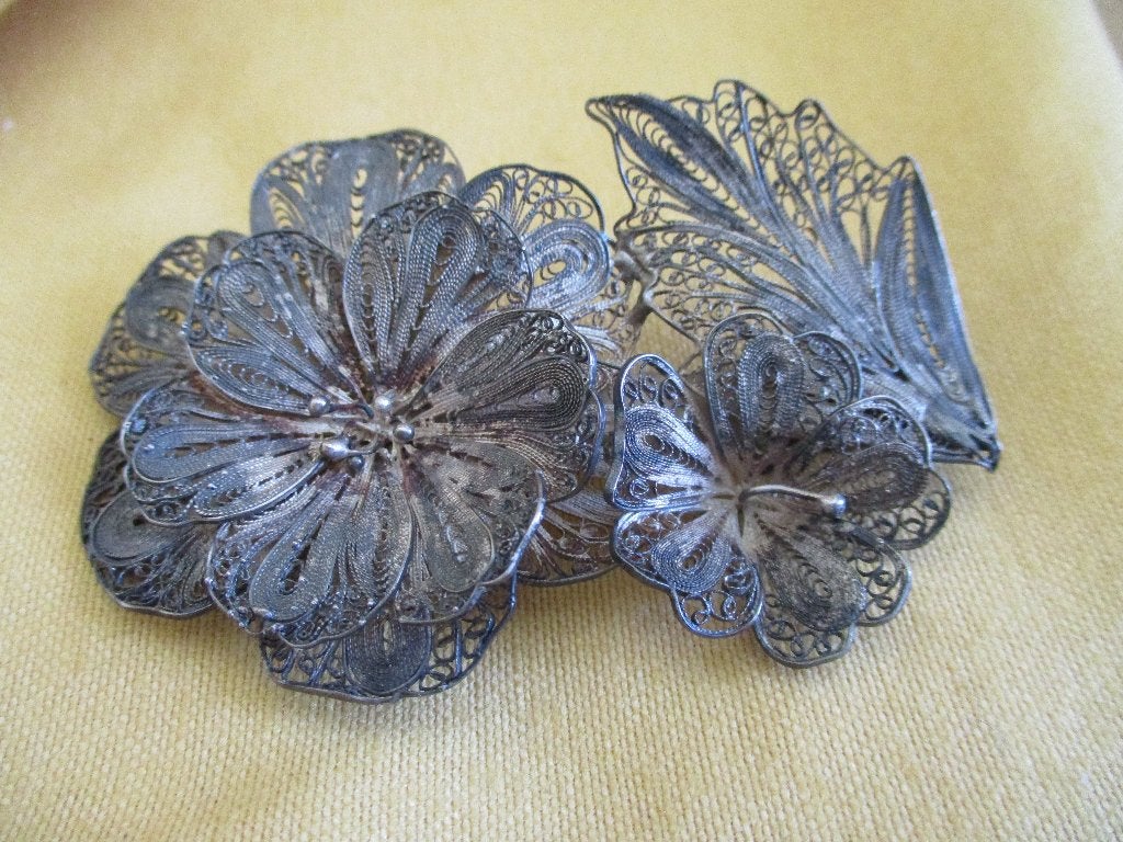Broche Zilver filigrain Vintage, Ophalen of Verzenden, Zilver