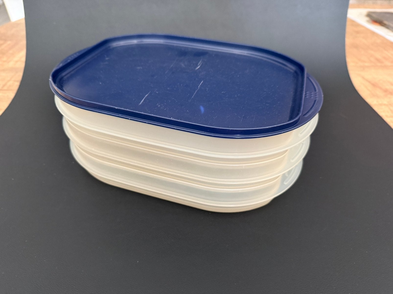 Tupperware vleeswaren opbergdoos 3 stuks met deksel, Ophalen of Verzenden, Gebruikt, Blauw, Bewaardoos