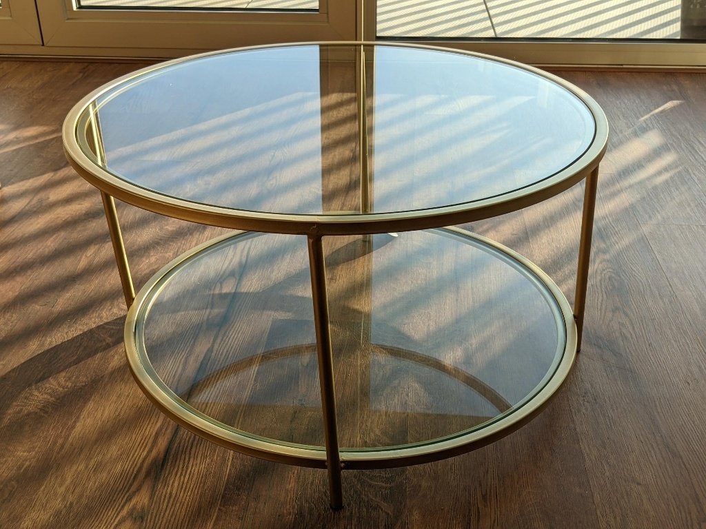 Bijzettafel van glas en verguld metaal (goud), Ophalen, Minder dan 45 cm, Gebruikt, Rond