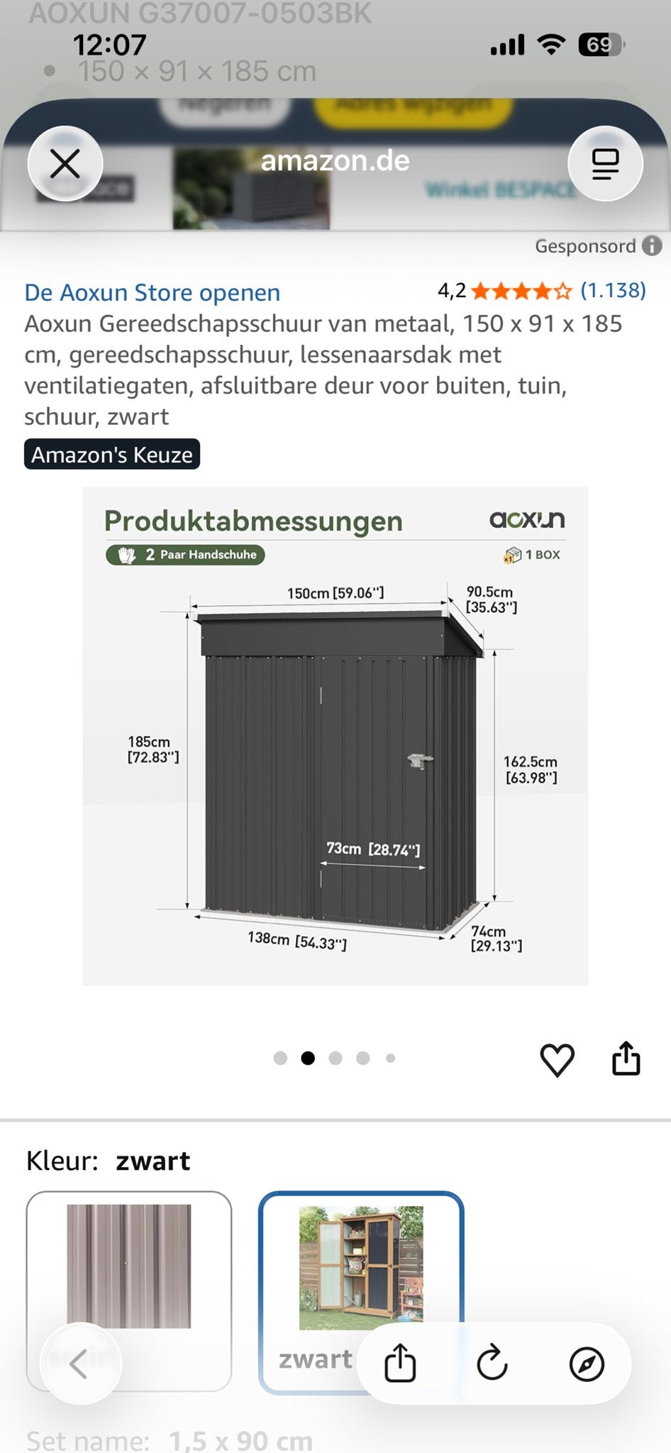 Aoxun Gereedschapsschuur Metaal 150x91x185cm Zwart, Tuin en Terras, Ophalen, Nieuw, Metaal, Overige typen