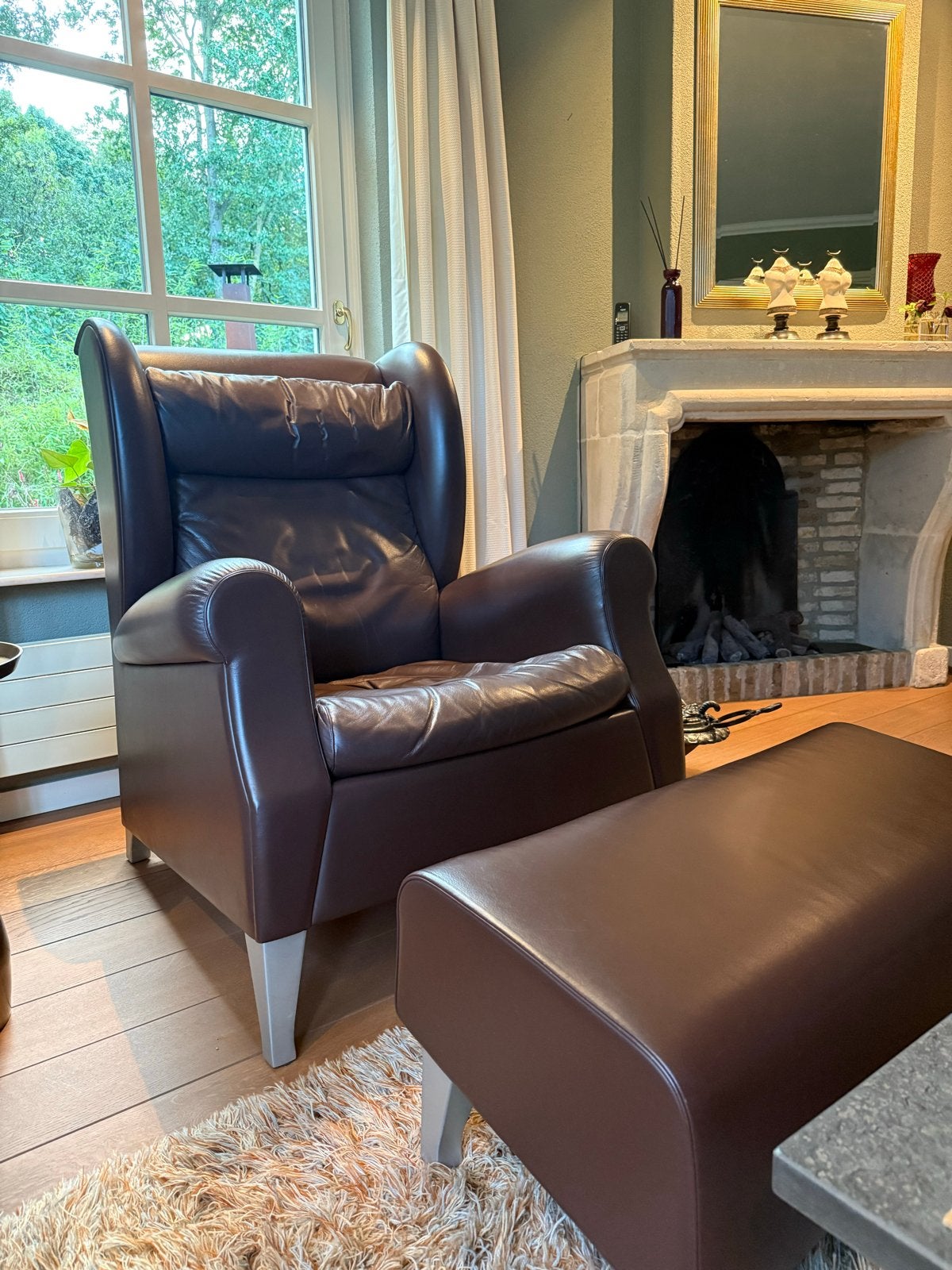 Leren fauteuil met voetenbank - Bruin, Ophalen, Gebruikt, Leer, 75 tot 100 cm