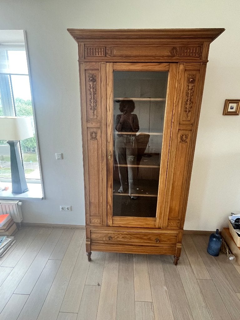 Antieke vitrinekast met glazen deur en lade, Ophalen, Gebruikt, Met deur(en), 200 cm of meer