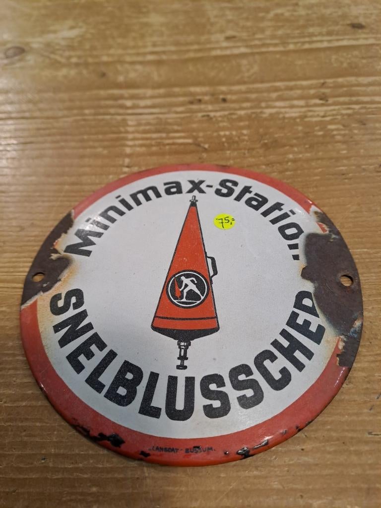 Oud emaille bordje minimax station snelblusscher, Ophalen of Verzenden, Gebruikt, Reclamebord