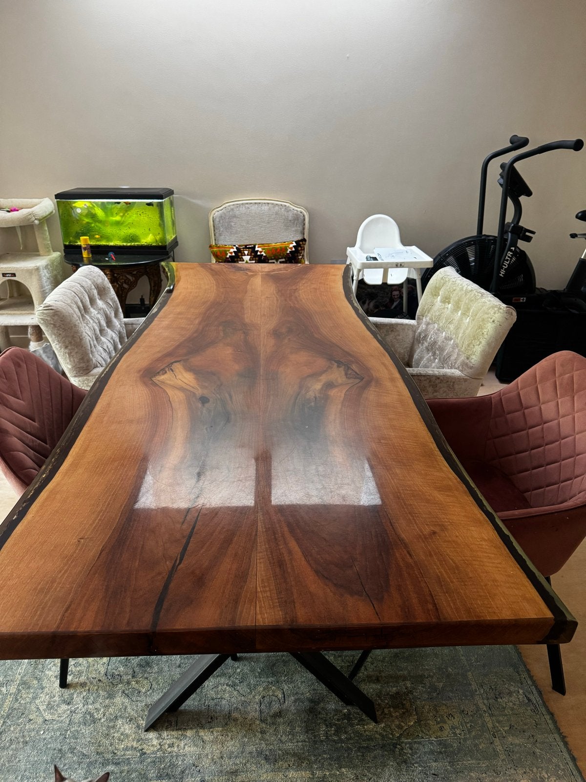 Unieke handgemaakte walnoothouten eettafel, Ophalen, 200 cm of meer, 50 tot 100 cm, Zo goed als nieuw