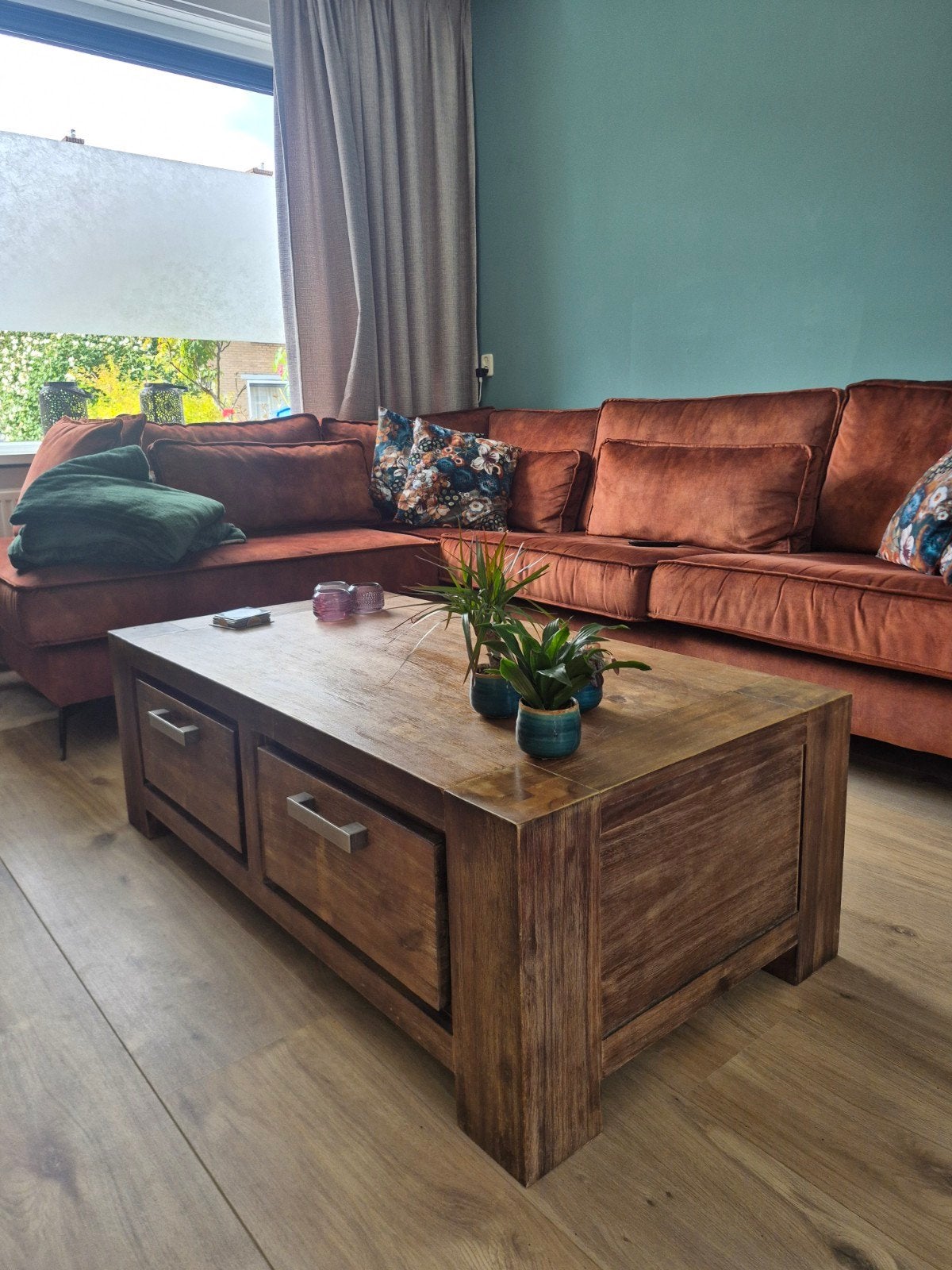 Houten salontafel met 4 lades en veel opbergruimte, Ophalen, Gebruikt, 100 tot 150 cm, 50 tot 100 cm