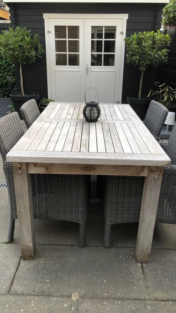 Teakhouten tafel 160x90 inclusief 4 stoelen en kussens, Ophalen, 4 zitplaatsen, Gebruikt, Teakhout