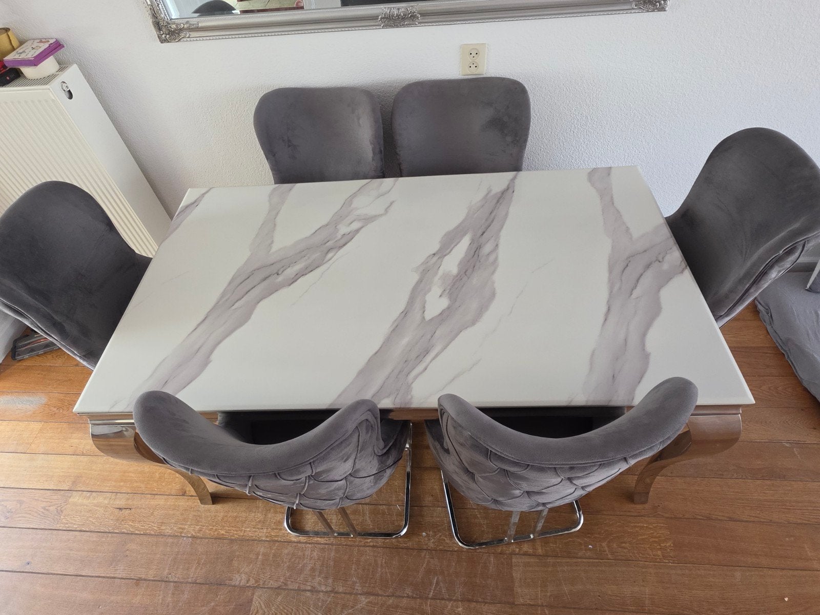 Marmer eettafel met 6 stoelen, Ophalen, 100 tot 150 cm, Zo goed als nieuw, Modern, Luxe