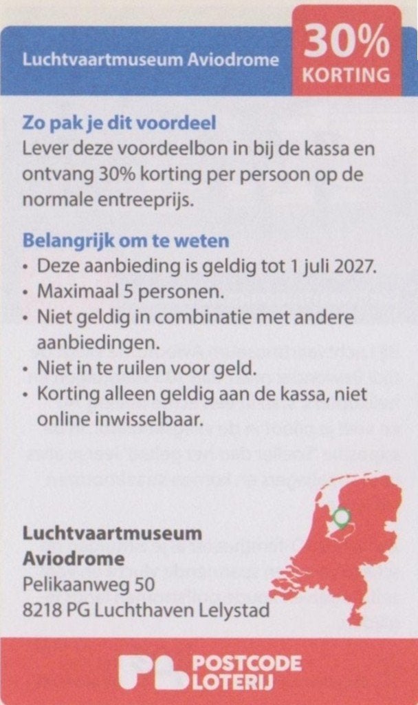 Luchtvaartmuseum Aviodrome Lelystad 30% korting Postcode bon, Drie personen of meer, Kortingskaart