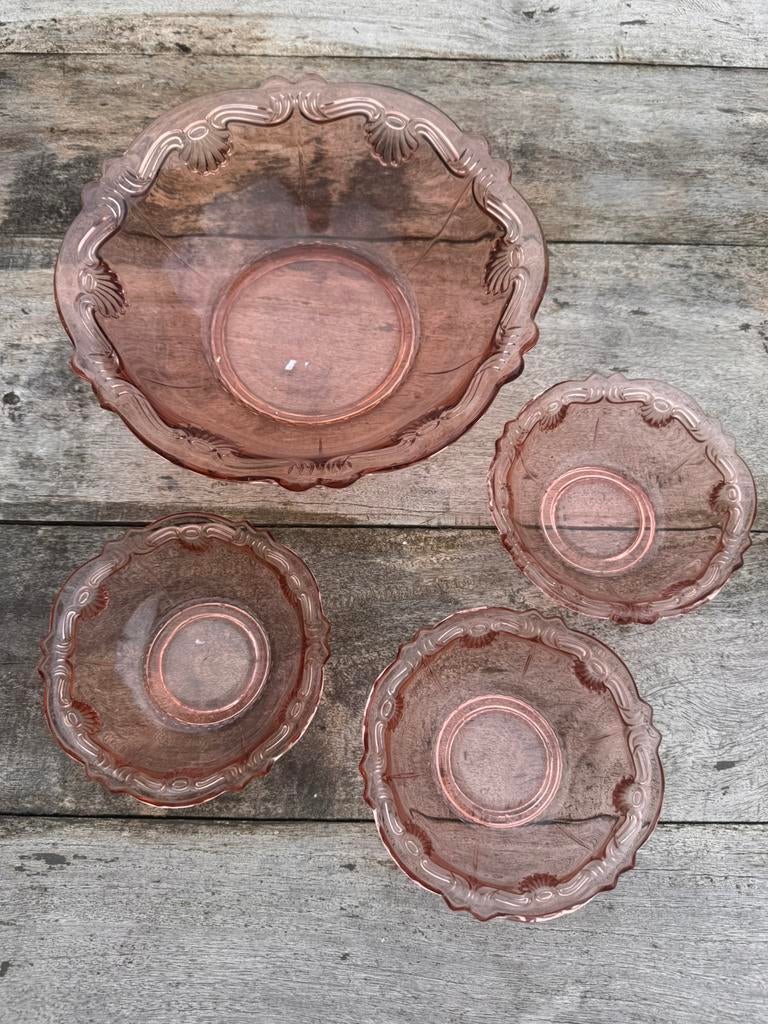 Vintage roze glazen schaaltjes, Antiek en Kunst, Antiek | Glas en Kristal, Ophalen of Verzenden