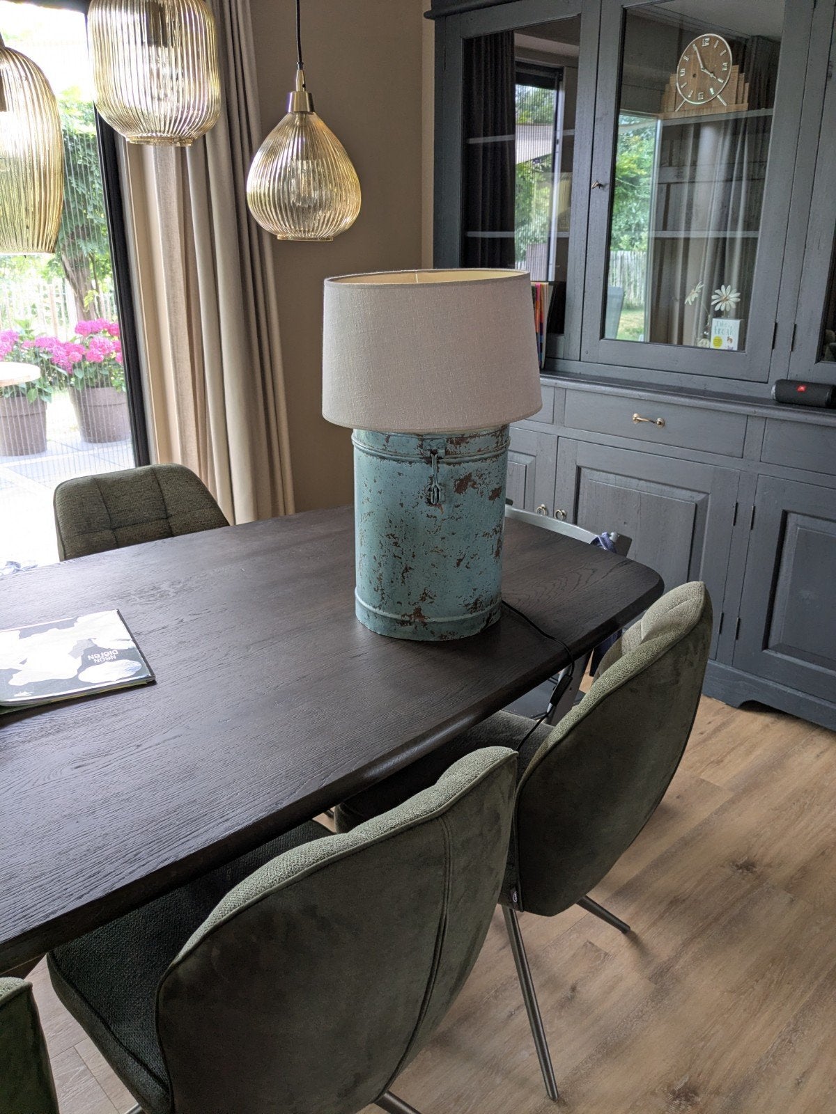 Vintage lamp van melkbus met linnen kap, Ophalen