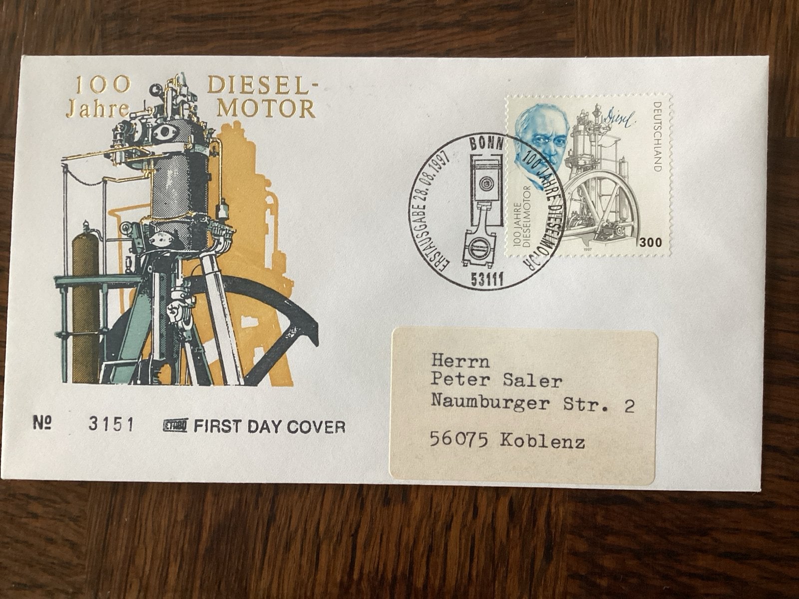 Eerste Dag Cover 100 Jaar Dieselmotor Duitsland 1997, Postzegels en Munten, Ophalen of Verzenden, Onbeschreven, Europa