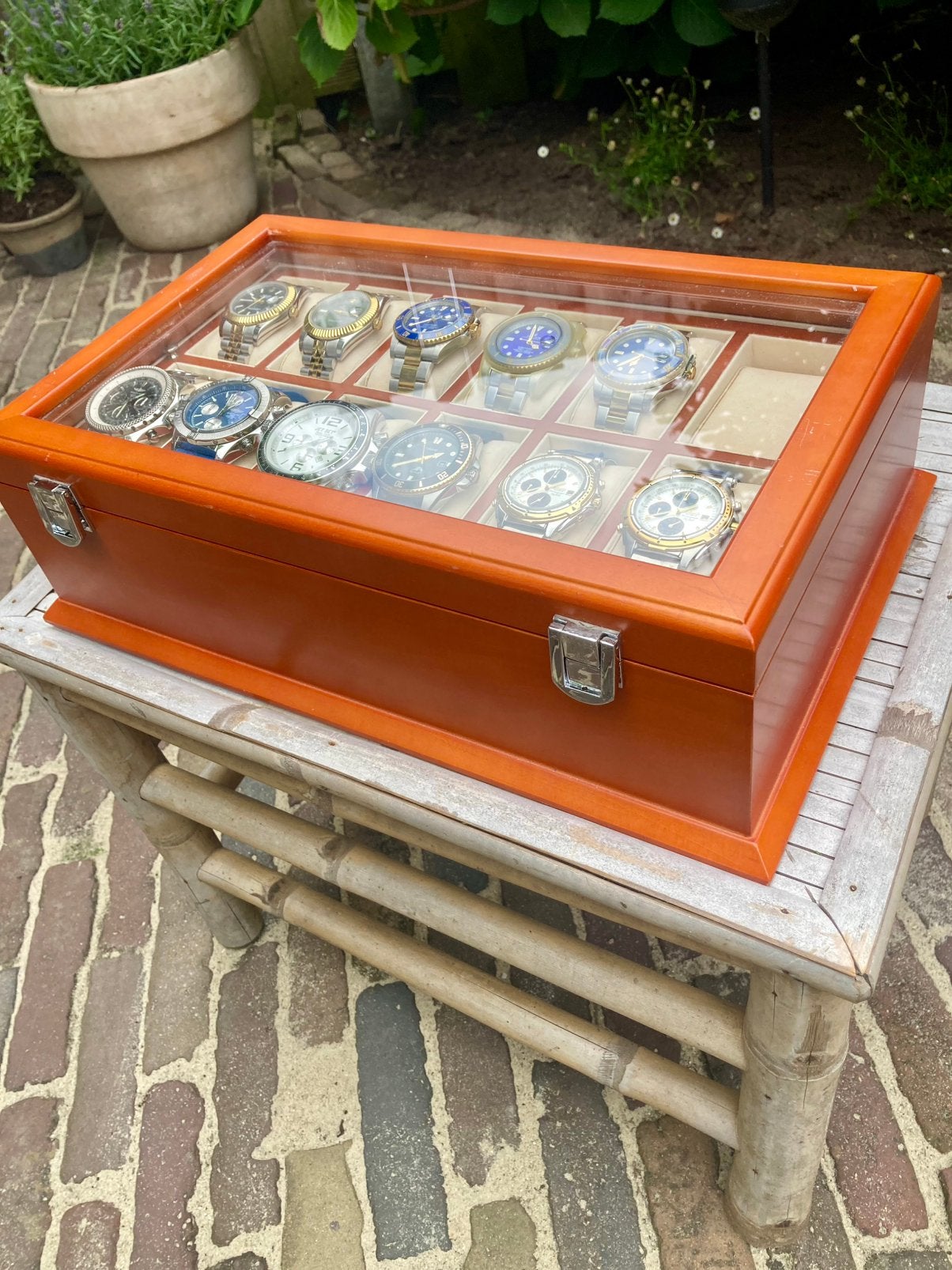 Mahonie Houten Dubbel lade Horlogebox Kist 18 vaks, Ophalen, Minder dan 50 cm, Minder dan 50 cm, Zo goed als nieuw