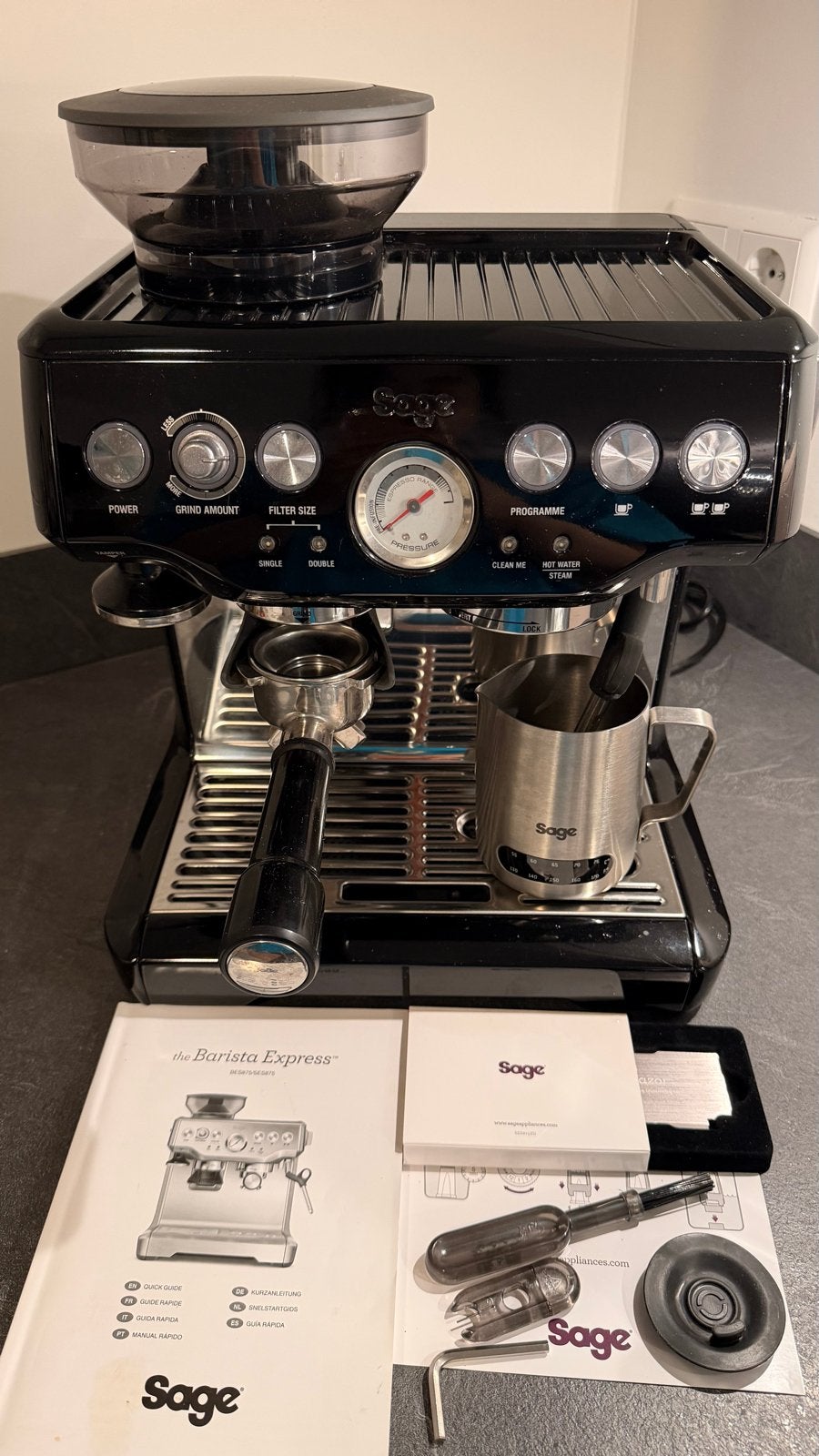 Sage Barista Express SES875 – compleet & nette staat, Witgoed en Apparatuur, Ophalen, Afneembaar waterreservoir, Espresso apparaat