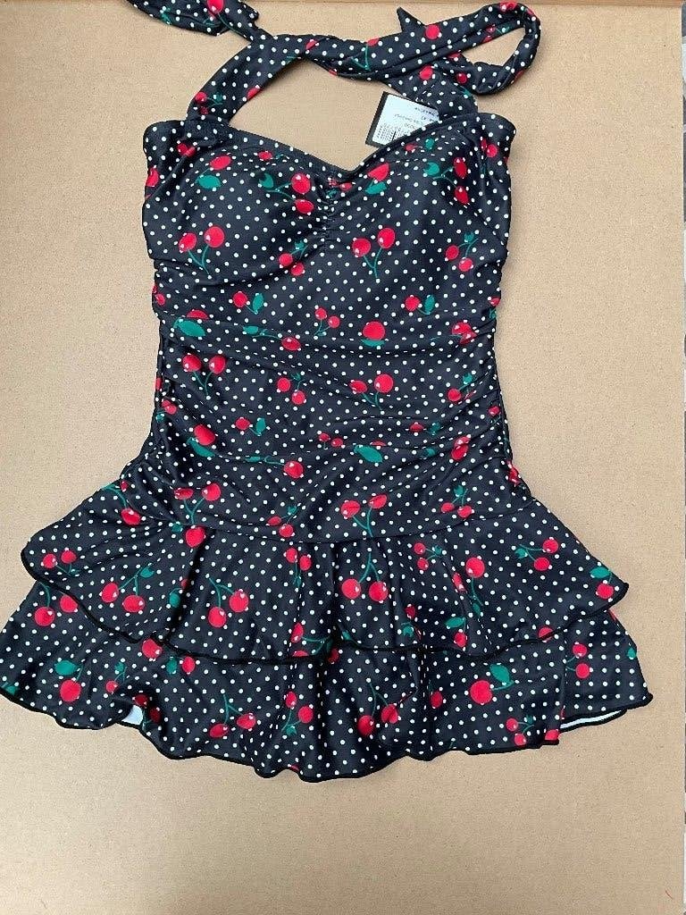 Klassieke kersen halter badpakjurk in zwart Maat XS, Kleding | Dames, Badmode en Zwemkleding, Klassieke kersen halter badpakjurk in zwart Maat XS