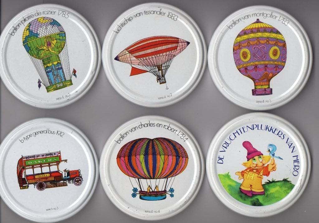 6 hero reclame jampot deksel luchtballon kabouter autobus, Verzenden, Zo goed als nieuw, Gebruiksvoorwerp