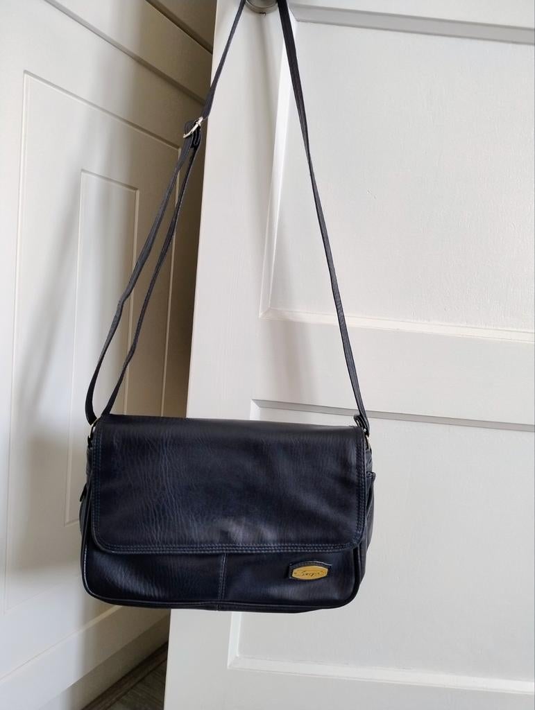 Vintage donkerblauwe leren tas, Sieraden, Tassen en Uiterlijk, Tassen | Schoudertassen, Ophalen of Verzenden, Gebruikt, Blauw