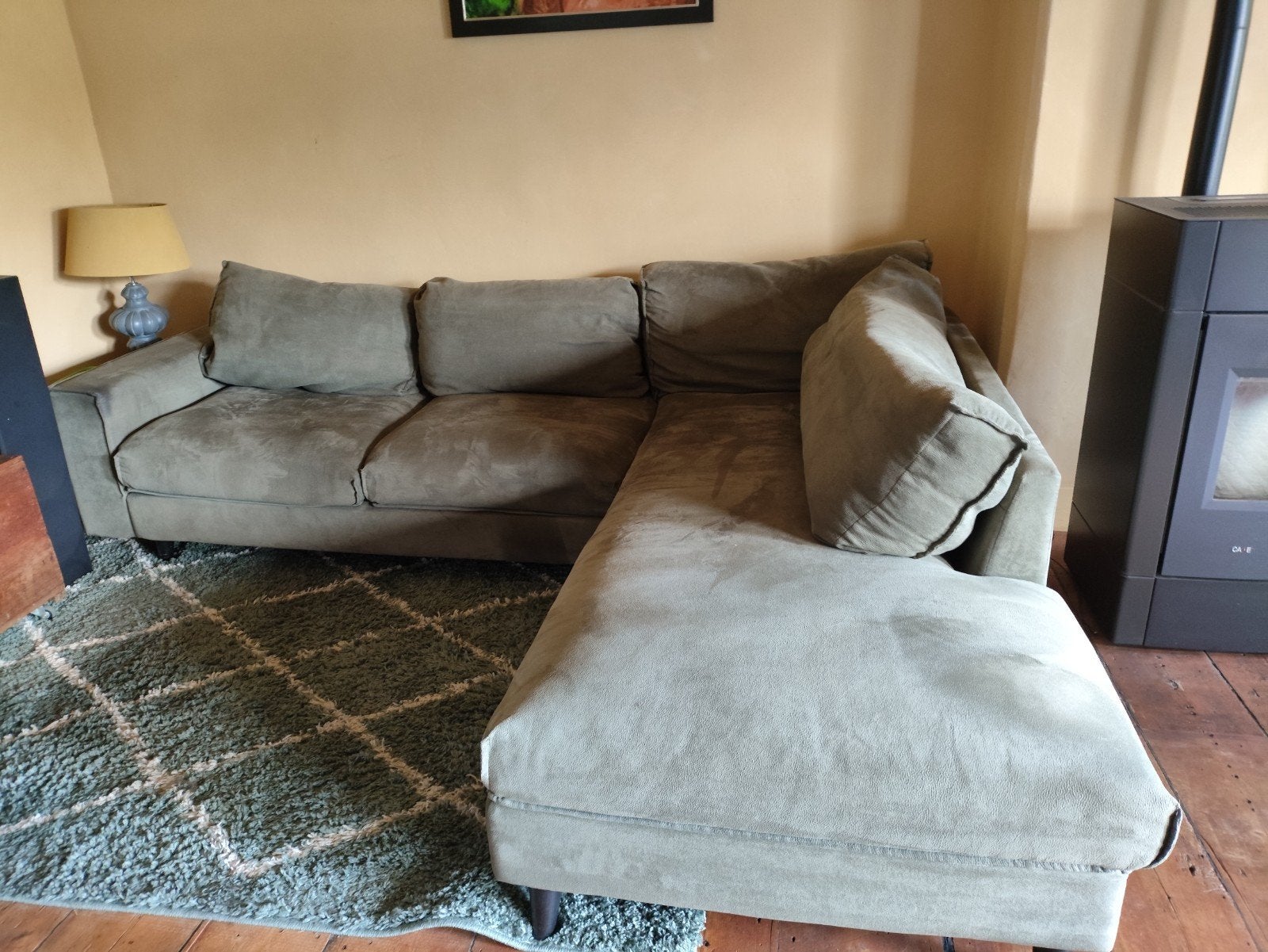 Comfortabele hoekbank met chaise longue - Groen, Ophalen, Gebruikt, Vierpersoons of meer, Stof