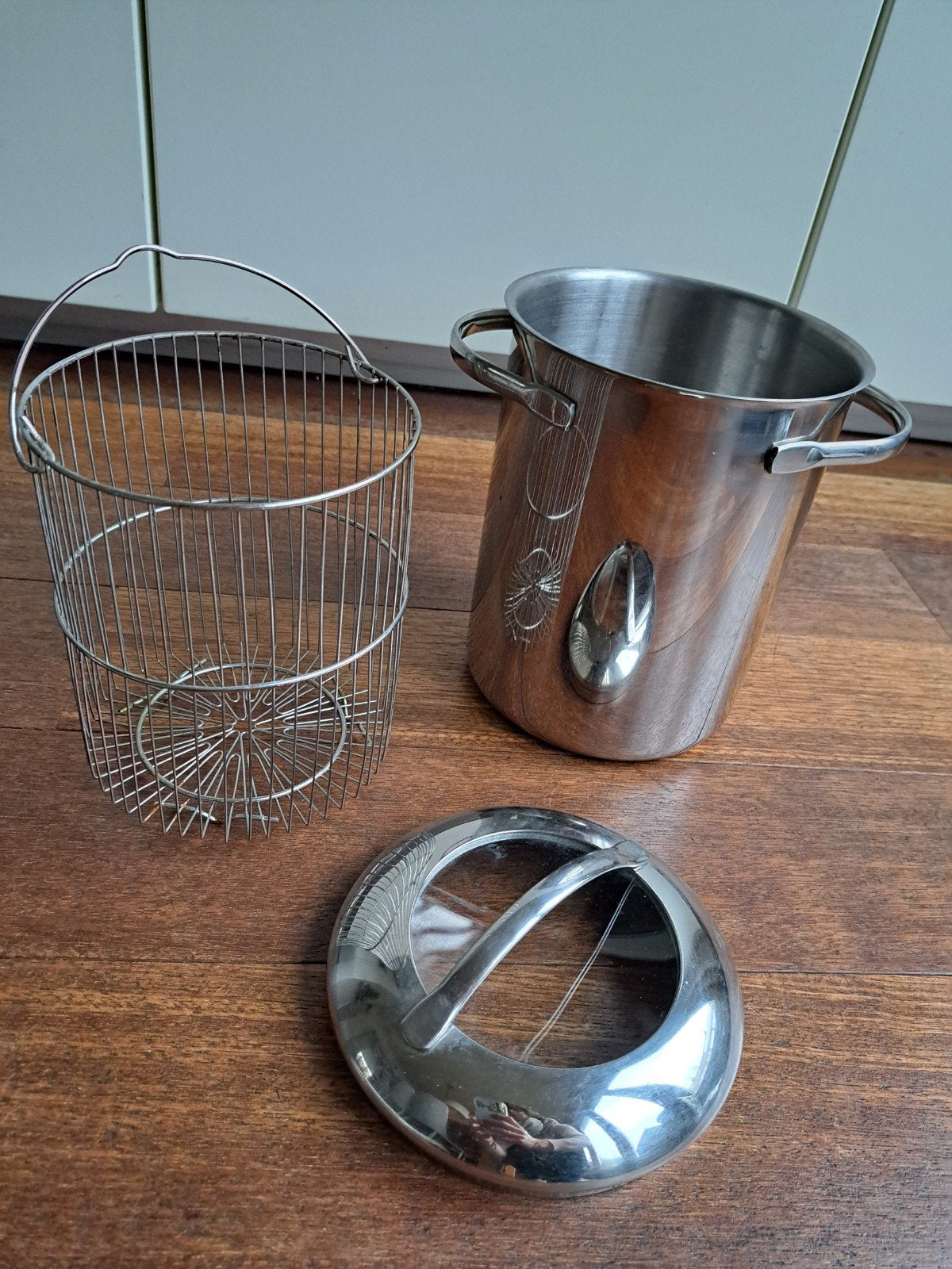 Aspergepan RVS met mandje, Ø 16,5 cm, H 21 cm, Ophalen of Verzenden, Zo goed als nieuw, Rvs