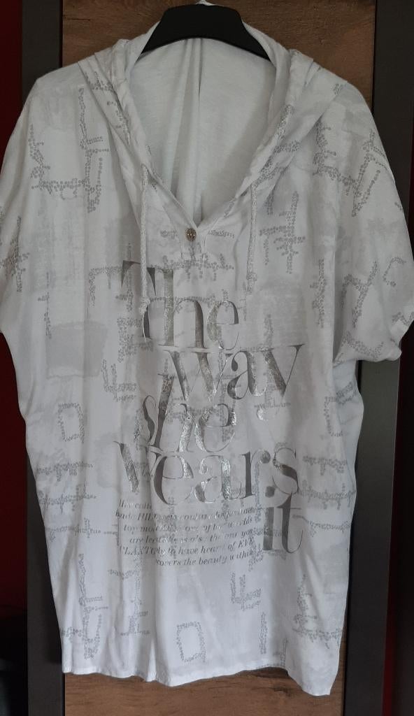 dames shirt - maat 48 - korte mouwen - met capuchon - wit, Kleding | Dames, T-shirts, Wit, Maat 46/48 (XL) of groter, Ophalen of Verzenden