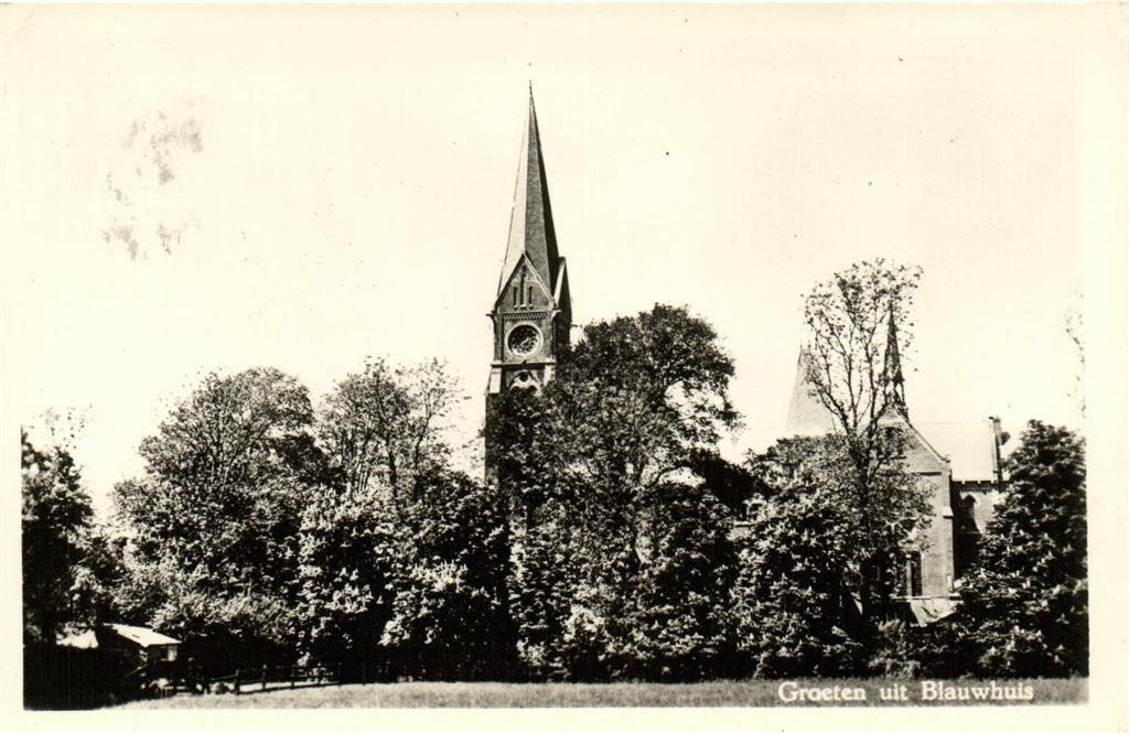 Groeten uit Blauwhuis - dorpsgezicht kerk - 1960 gelopen, Verzamelen, Ophalen of Verzenden, 1960 tot 1980, Gelopen, Friesland