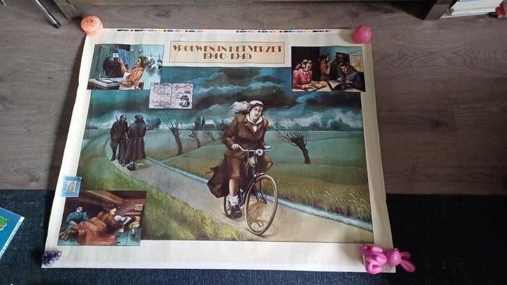 Oude school poster op canvas vintage vrouwen verzet 1940/45, Verzamelen, Ophalen of Verzenden, Huis en Inrichting