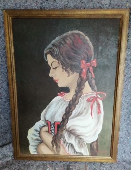 vintage werk op paneel meisje in Bulgaarse trachten, Paneel, Portret of Personen, Olieverf, Klassiek