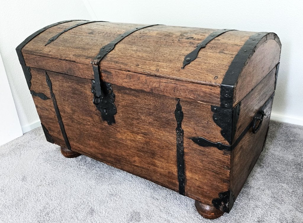 Eikenhouten Dekenkist met ijzeren beslag, 50 – 75, 100 tot 150 cm, Ophalen of Verzenden, Zo goed als nieuw