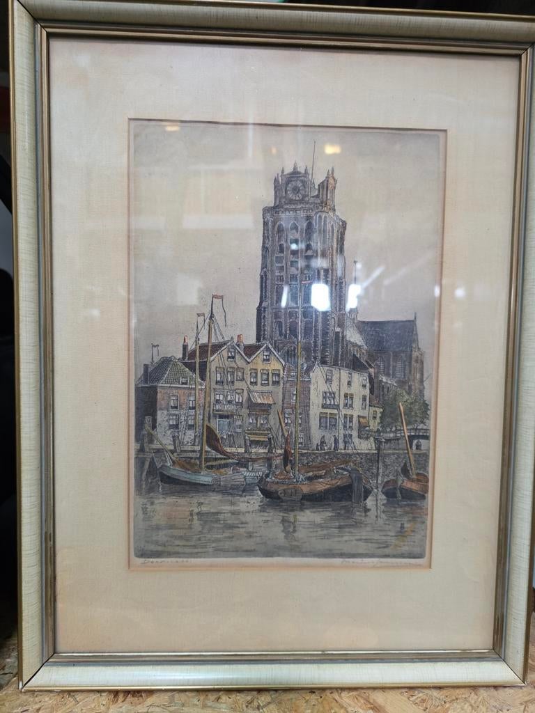 Ingelijste ets van Dordrecht door Marius Janssen, Antiek en Kunst, Ophalen of Verzenden