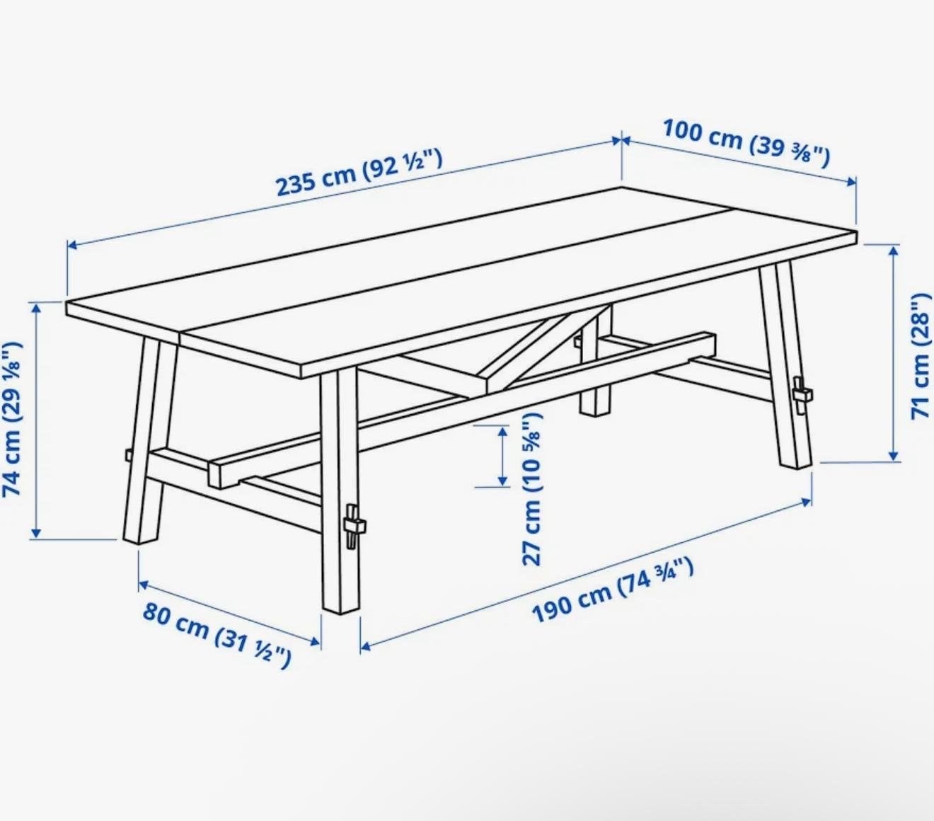 IKEA SKOGSTA Eettafel met 6 stoelen en 1 bankje, Ophalen, 100 tot 150 cm, 200 cm of meer, Zo goed als nieuw