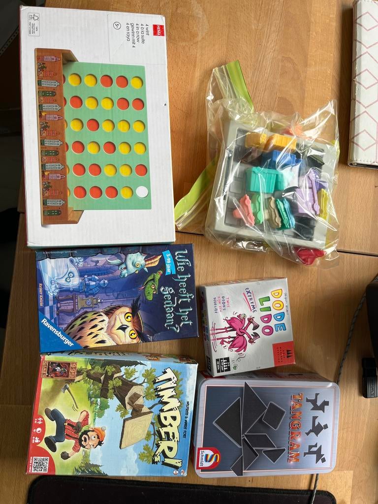 Diverse Bordspellen Collectie: Tangram, Timber!, Dode Ludo, Een of twee spelers, Ophalen of Verzenden, Gebruikt