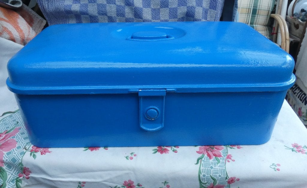 brocante broodtrommel/ brooddoos blauw/ refurbished, Antiek en Kunst, Ophalen of Verzenden