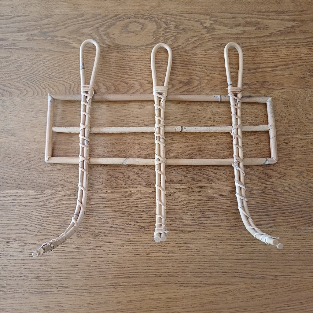 Vintage rotan wandkapstok met 3 haken, Wandkapstok, Overige materialen, Gebruikt, Onbekend