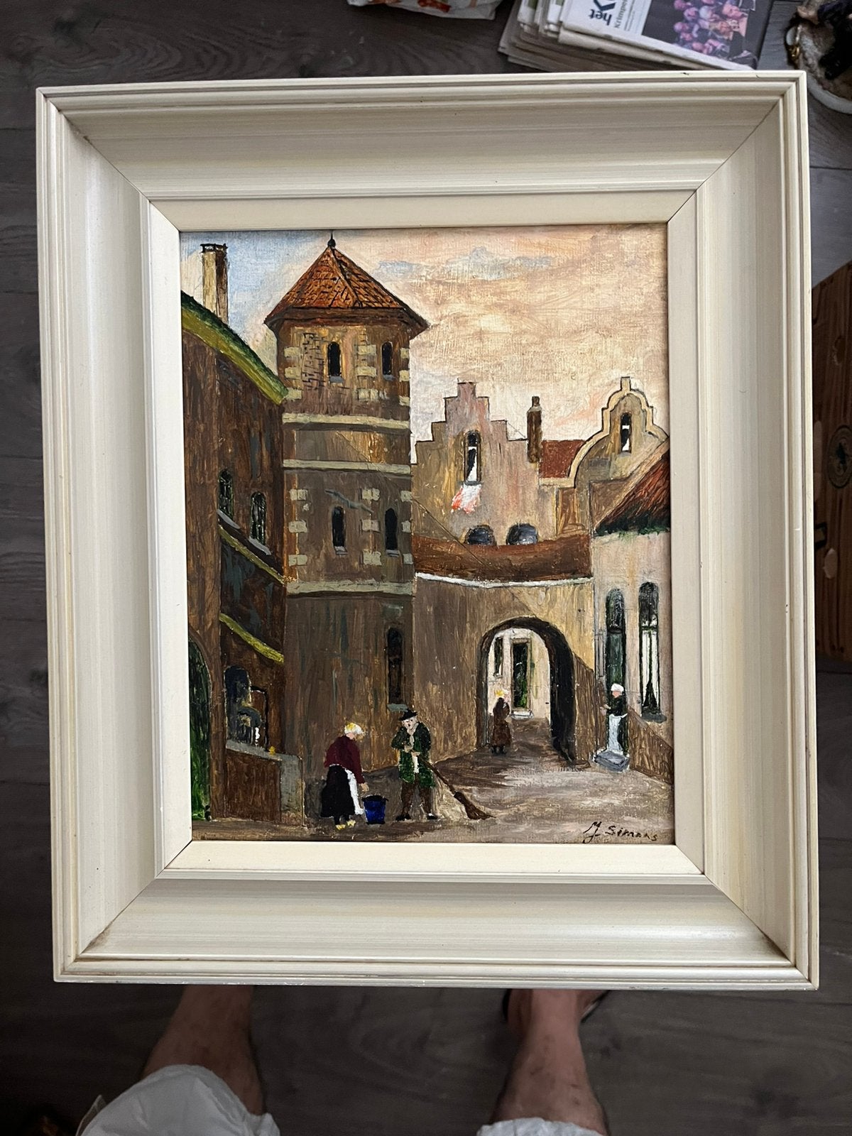 Antiek olieverf stadsgezicht schilderij op doek, Ophalen of Verzenden