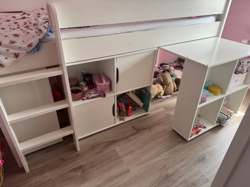 Halfhoogslaper inclusief uitschuifbureau, Ophalen, 100 cm, Eenpersoons, Zo goed als nieuw