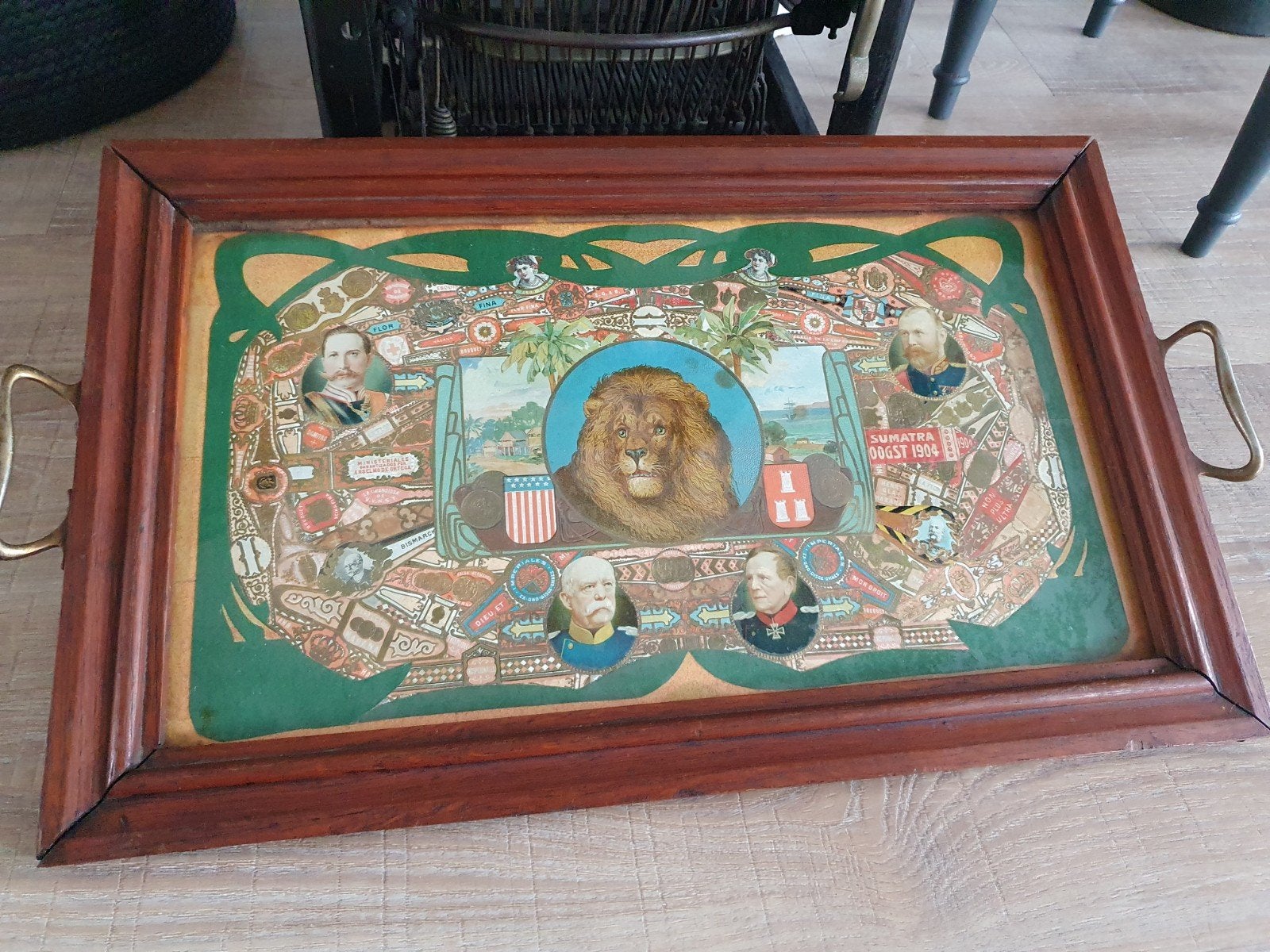 antiek Art Nouveau dienblad schilderij van sigaar labels €49, Ophalen of Verzenden