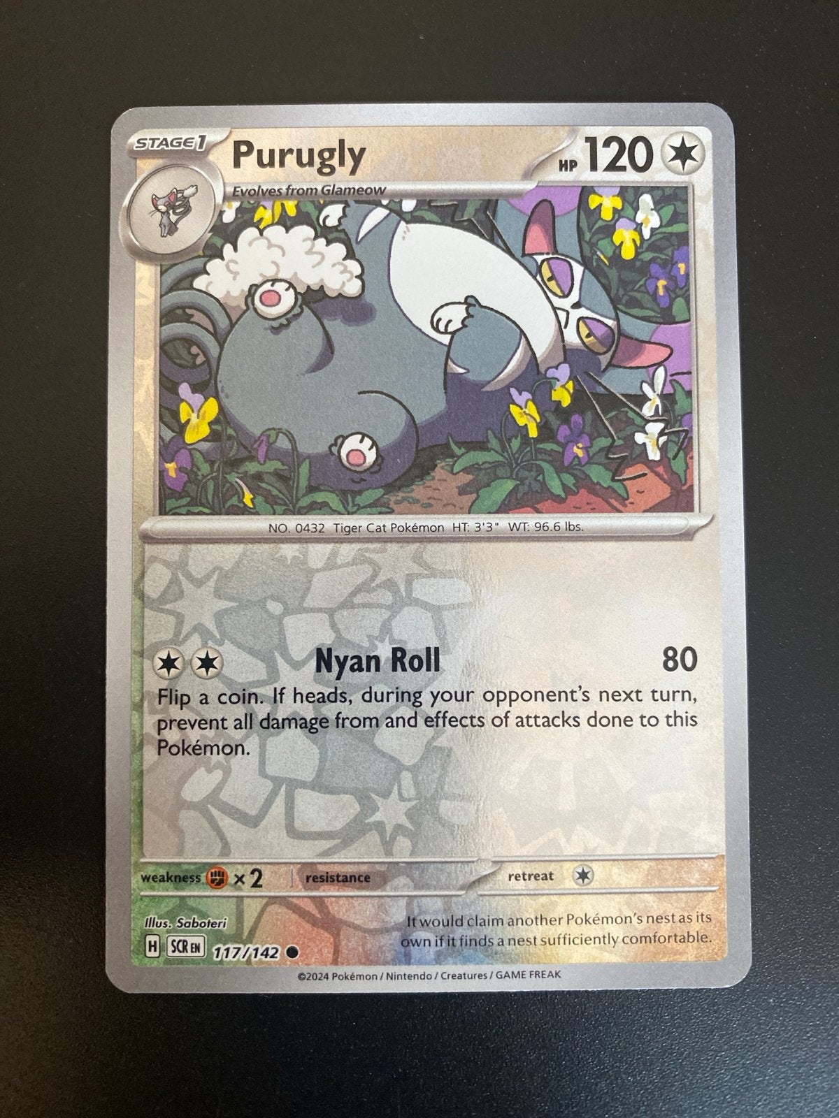 Purugly 117/142 Reverse Holo Pokémon Stellar Crown, Ophalen of Verzenden, Zo goed als nieuw, Losse kaart, Foil