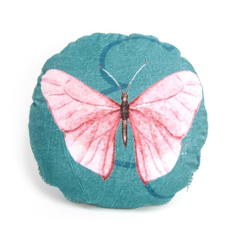 aqua blauw kussen met roze vlinder 45 cm doornsnede, -, Blauw, -, Rond