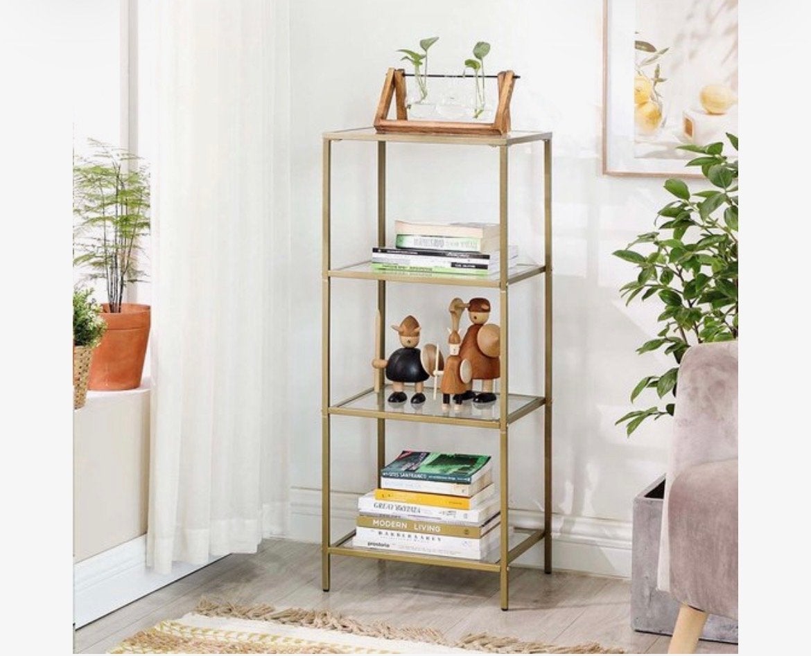 Gouden metalen rek met glazen planken - Modern design, Ophalen, Met plank(en), Minder dan 50 cm, Nieuw