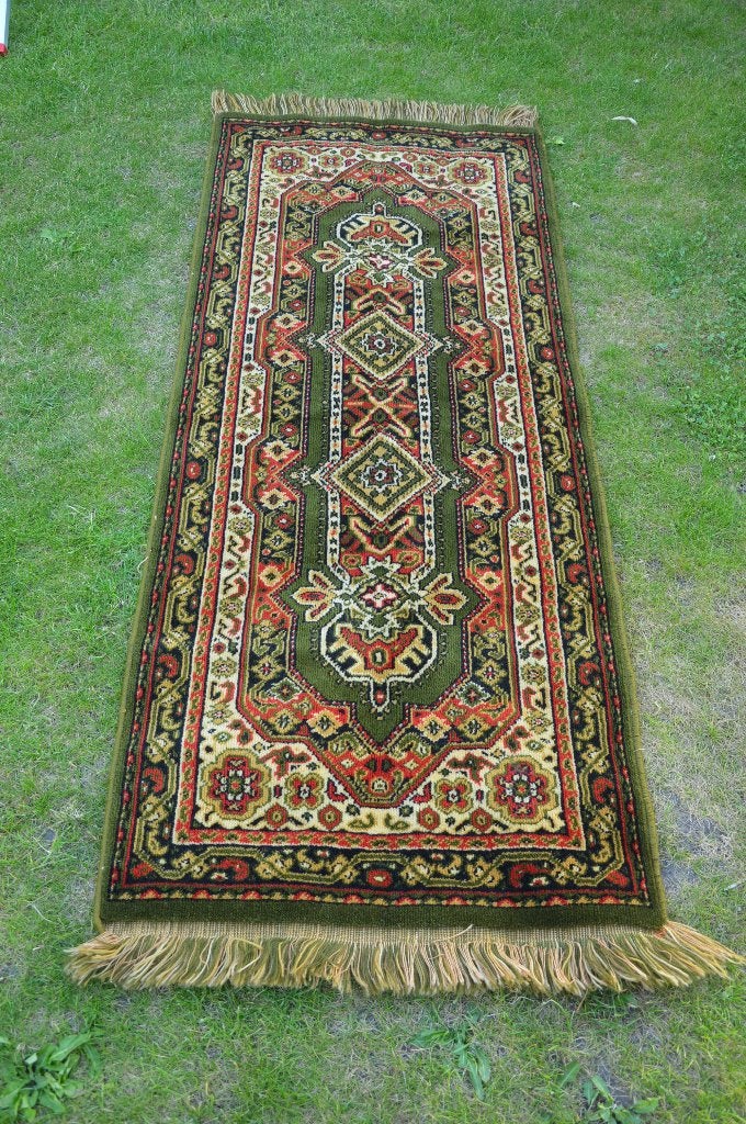 vintage smyrna kleed / tafelkleed met franjes 100% wol 170cm, Huis en Inrichting, Stoffering | Tapijten en Kleden, Gebruikt, Smyrna