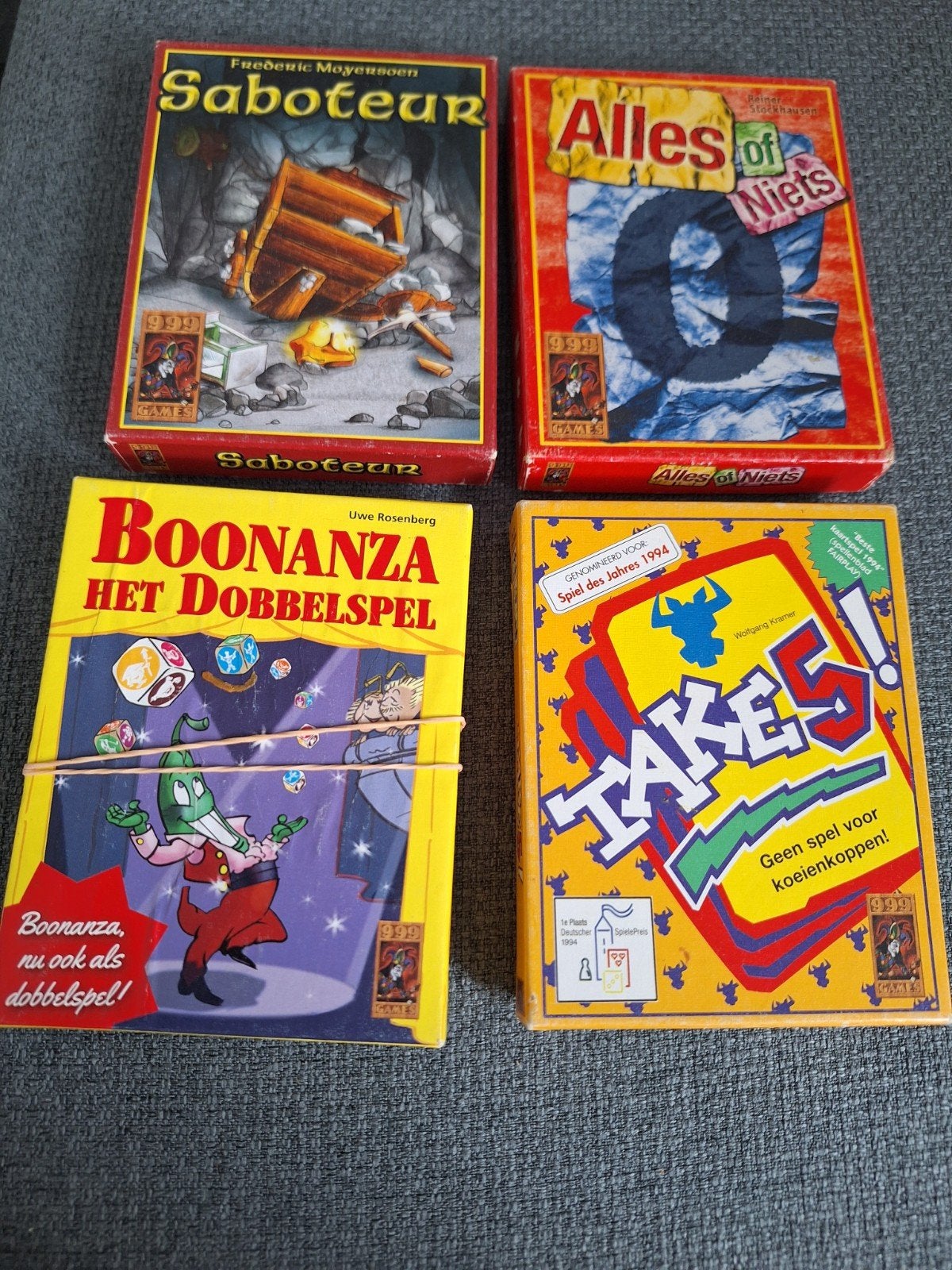 Bordspellen set: Saboteur, Alles of Niets, Boonanza, Takes 5, Drie of vier spelers, Ophalen, Gebruikt, 999 Games