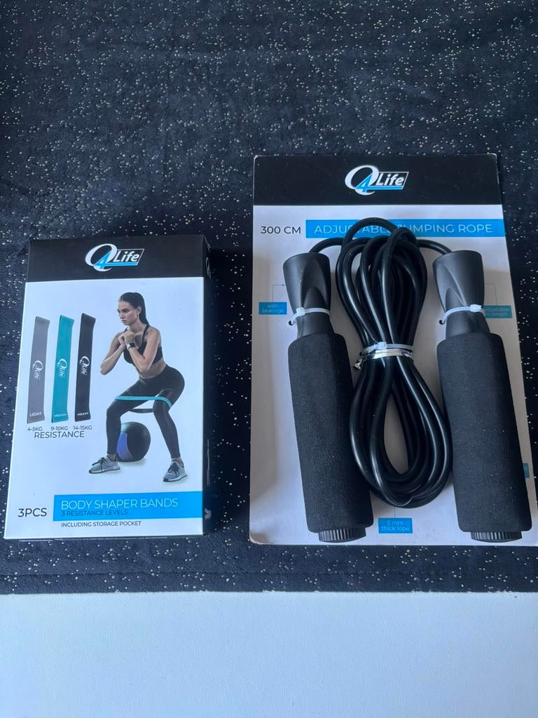 Q4Life profecioneel springtouw en set van 3 weerstandbanden, Sport en Fitness, Ophalen of Verzenden, Zo goed als nieuw