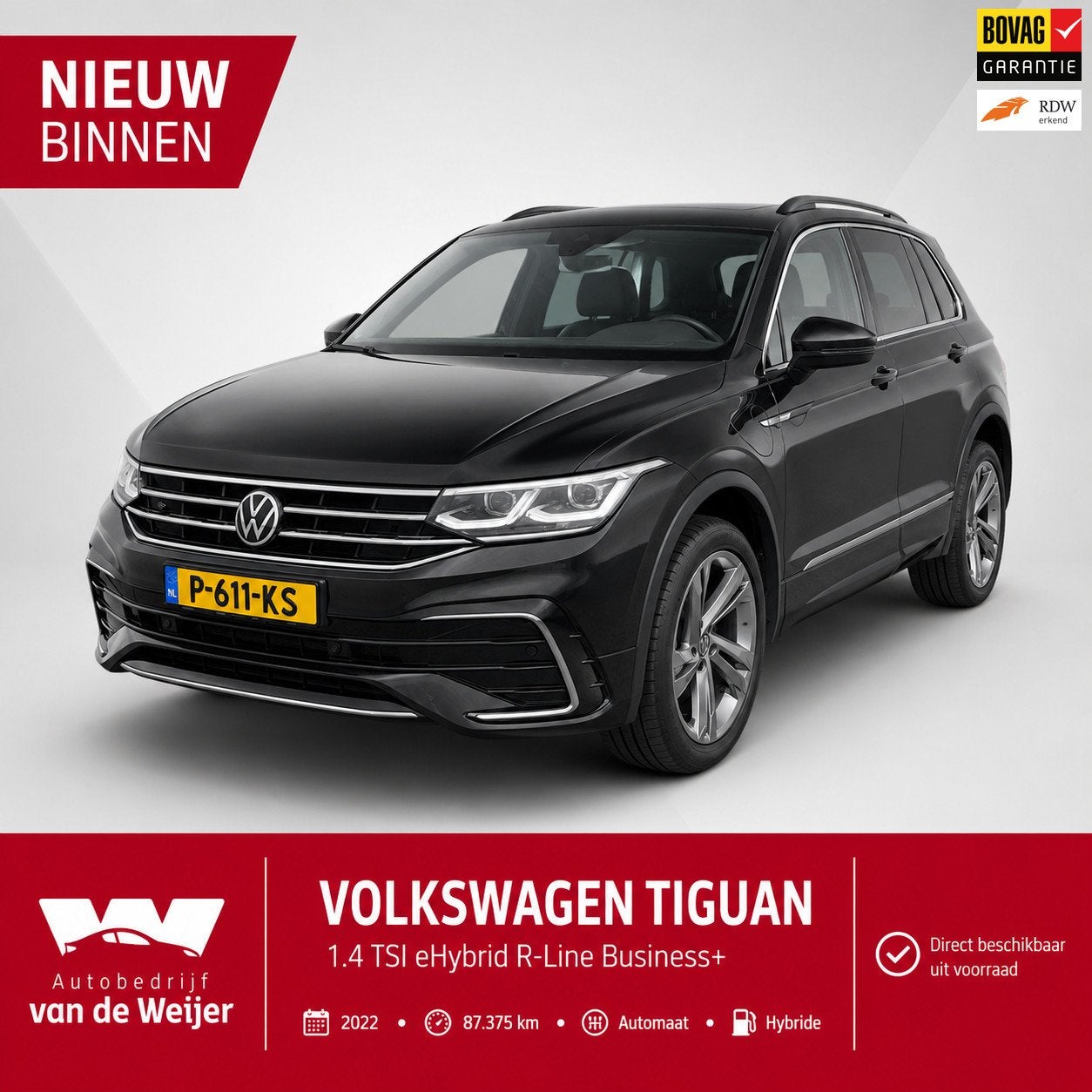 Volkswagen Tiguan 1.4 TSI eHybrid R-Line Business+, 150 pk, Leder en Stof, Zwart, Hybride Elektrisch/Benzine