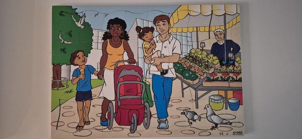 Sinterklaastip: Rolf puzzel - familie op de markt 32 stukjes, Kinderen en Baby's, Ophalen of Verzenden, 10 tot 50 stukjes, Gebruikt
