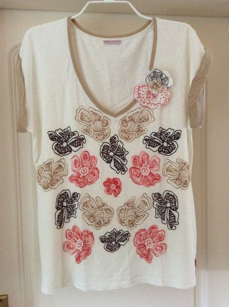 DIDI TOP SHIRT BEIGE & KHAKI met bloemen 100% KATOEN XXL, Kleding | Dames, Verzenden, Beige, Maat 46/48 (XL) of groter, Didi