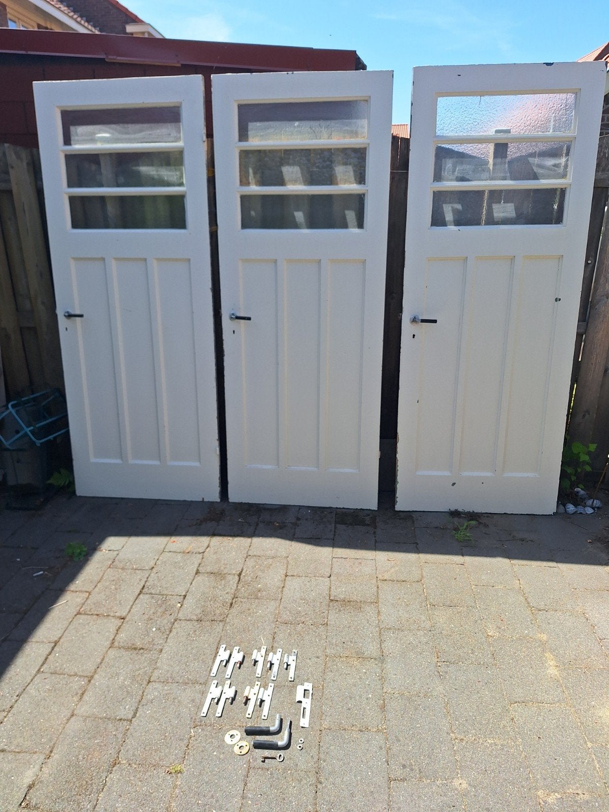 Paneeldeur 3 stuks jaren 30 glas 211x82,5 Art Deco beslag, Ophalen, Gebruikt, 80 tot 100 cm, Binnendeur