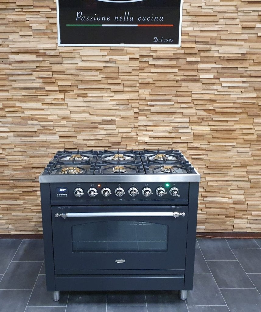 Luxe Boretti Fornuis 90cm antraciet + rvs 6 pit 300 oven, Witgoed en Apparatuur, Fornuizen, Zo goed als nieuw, Vrijstaand, Gas