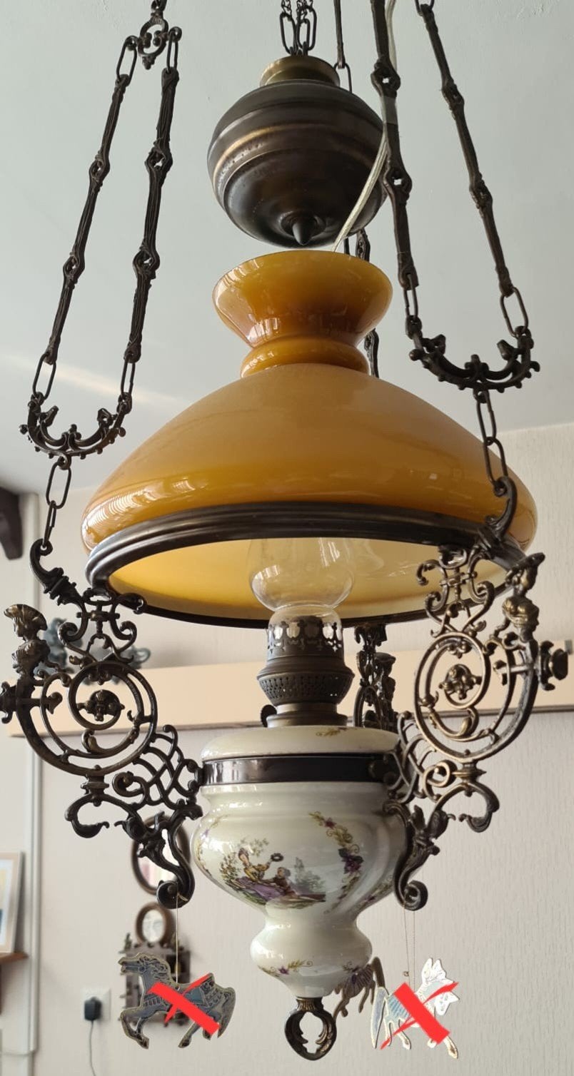 Antieke hanglamp met glazen en porseleinen details, Ophalen of Verzenden