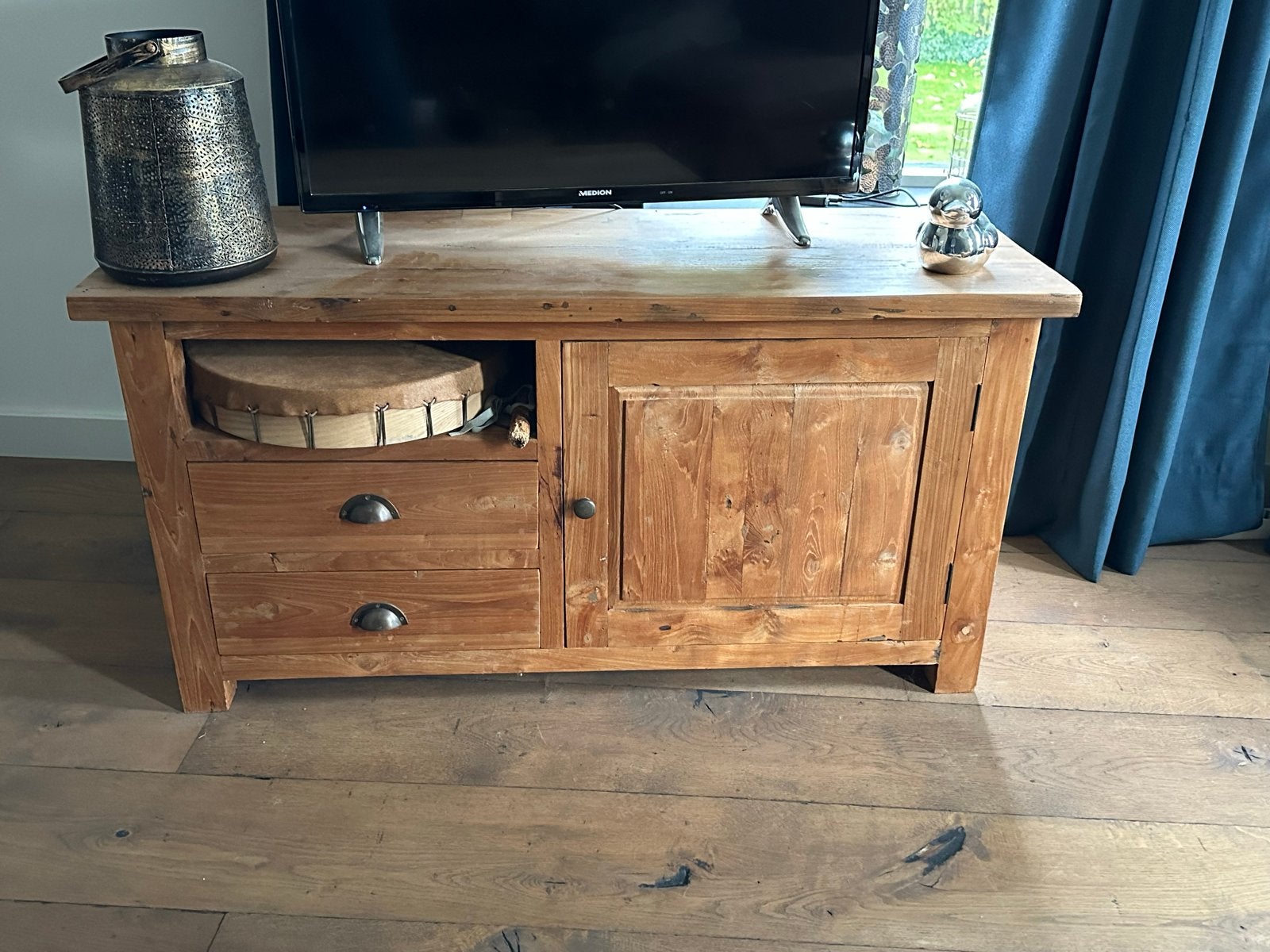 Massief teakhouten tv-meubel met lades en kastje, Ophalen, Gebruikt, 100 tot 150 cm, Minder dan 100 cm