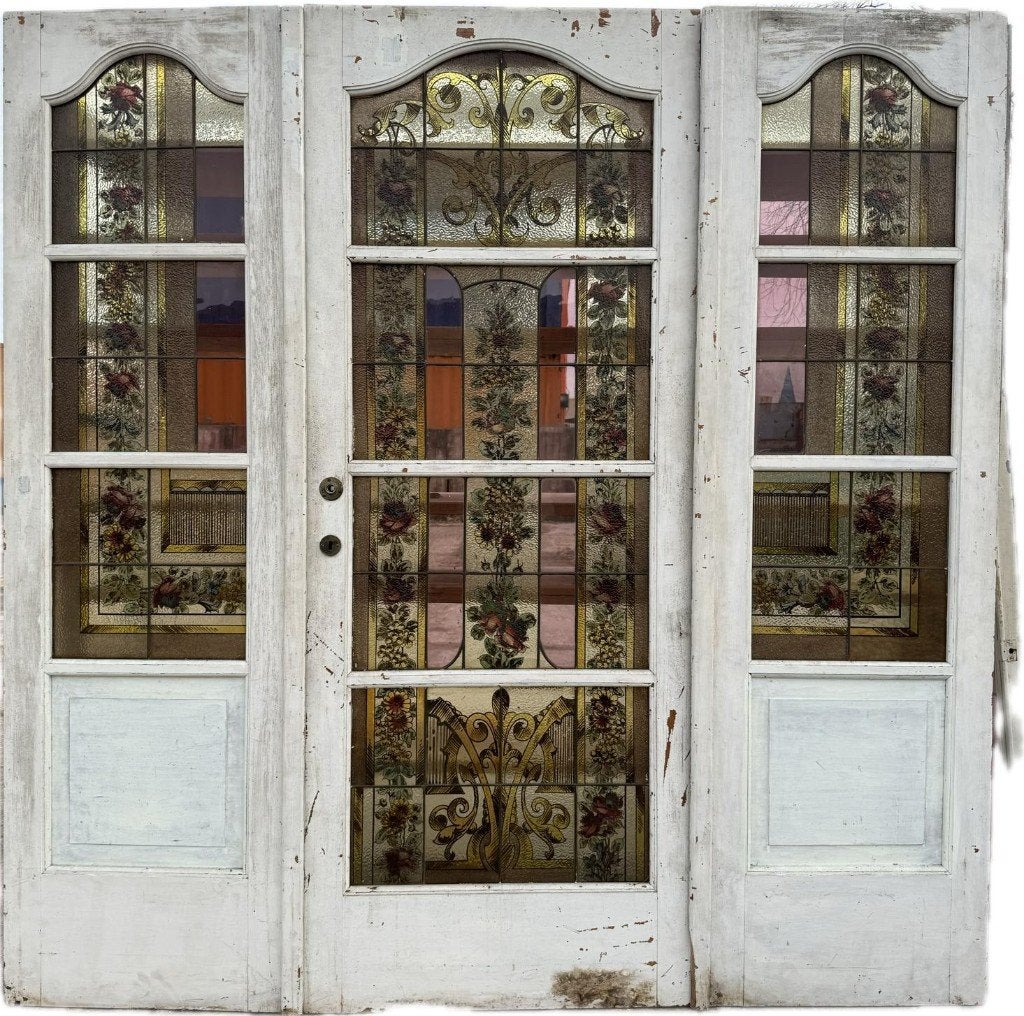 Set Jugendstil glas in lood deur met zijramen 204x204cm., Ophalen