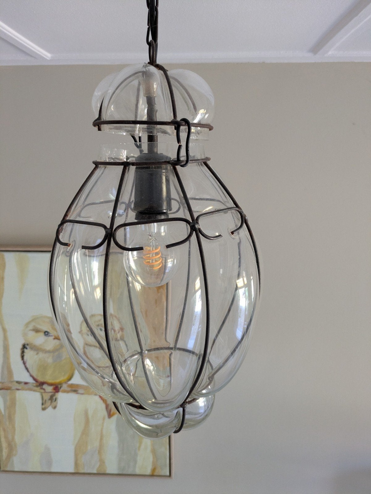 Jaren '30 handgeblazen hanglamp met ijzeren frame, Ophalen